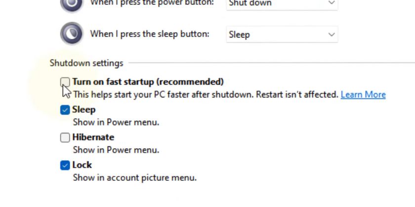 Fast Startup Option in Windows 10